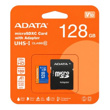MEMORIA MICRO SD 128GB ADATA AUSDX128GUICL10A1RA1 CLASE 10 UHS I V10 100MB/S 25MB/S PARA DISPOSITIVOS MOVILES